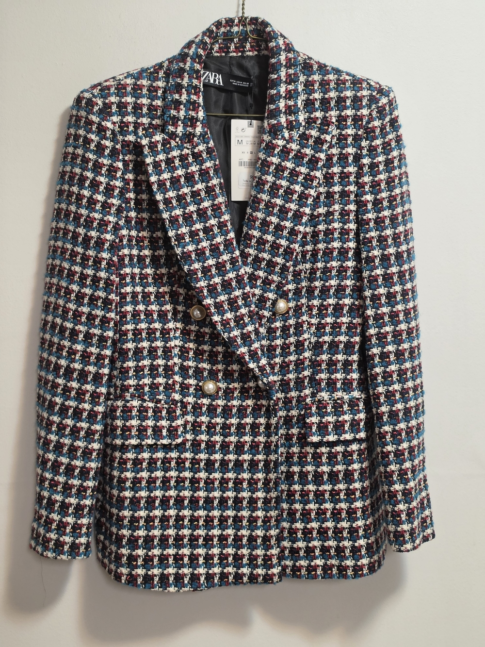 Zara  Vintage Style Multicolor Tweed Blazer with Pearl Buttons